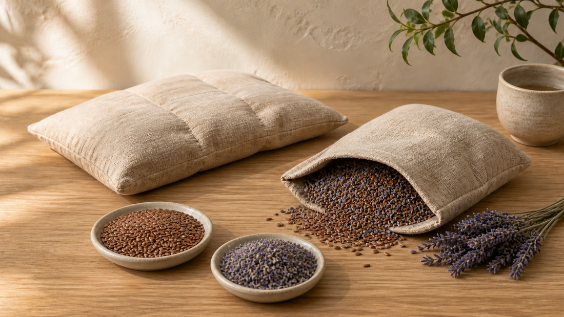 Lavender and flaxseed warmth pack in a calm home setting