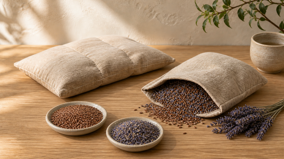 Lavender and flaxseed warmth pack in a calm home setting