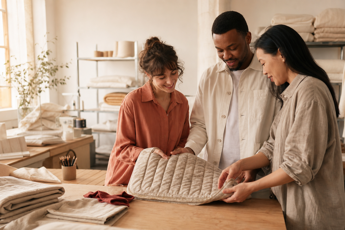 HugCubs team reviewing a quilted heating product in a warm modern studio