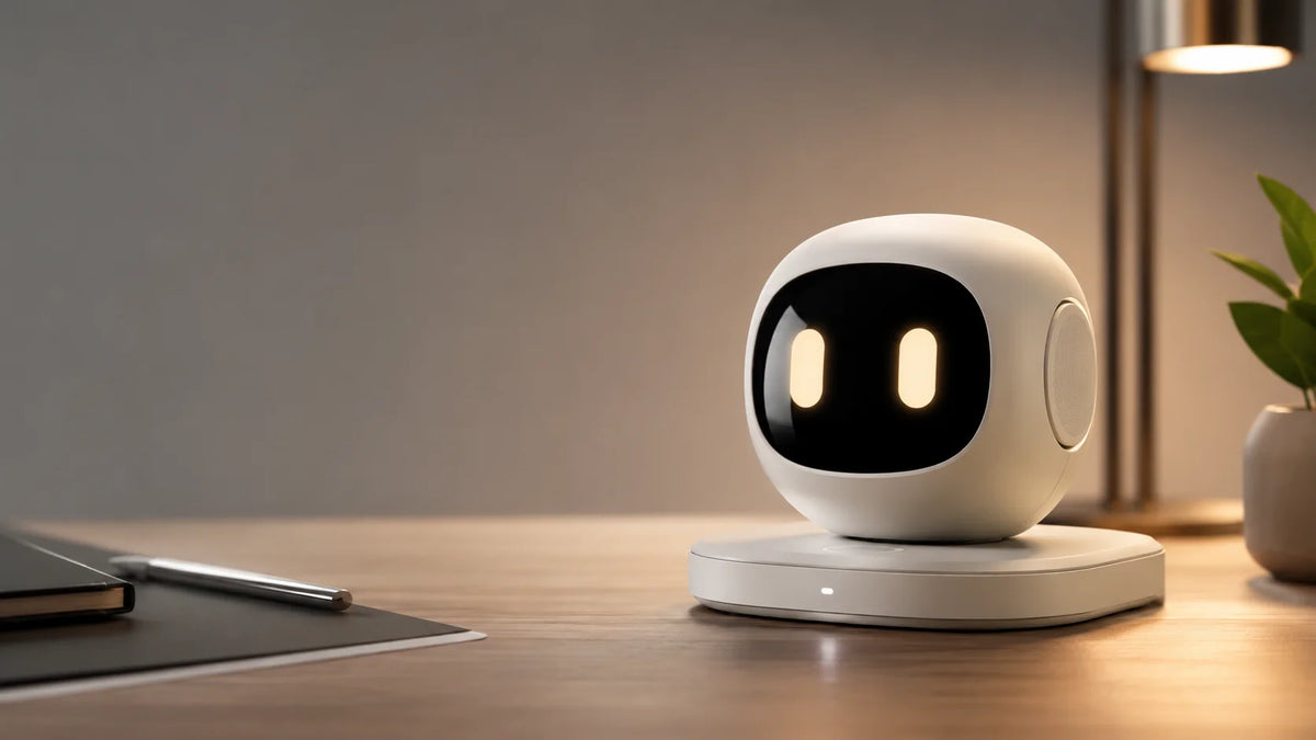 HugCubs Smart Companion concept on a warm desktop